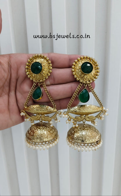 Green Antique Gold Jhumka Bollywood Keshav Earrings