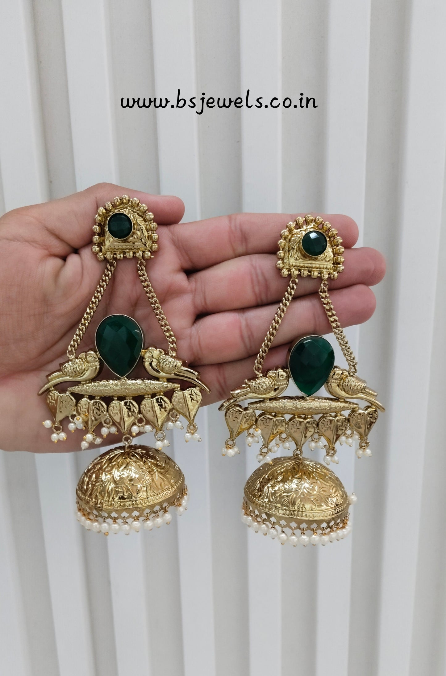 Green Antique Gold Jhumka Bollywood Keshav Earrings