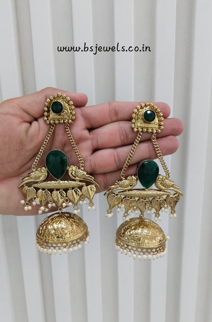 Green Antique Gold Jhumka Bollywood Keshav Earrings