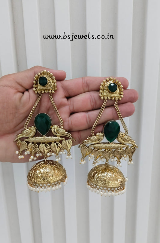 Green Antique Gold Jhumka Bollywood Keshav Earrings