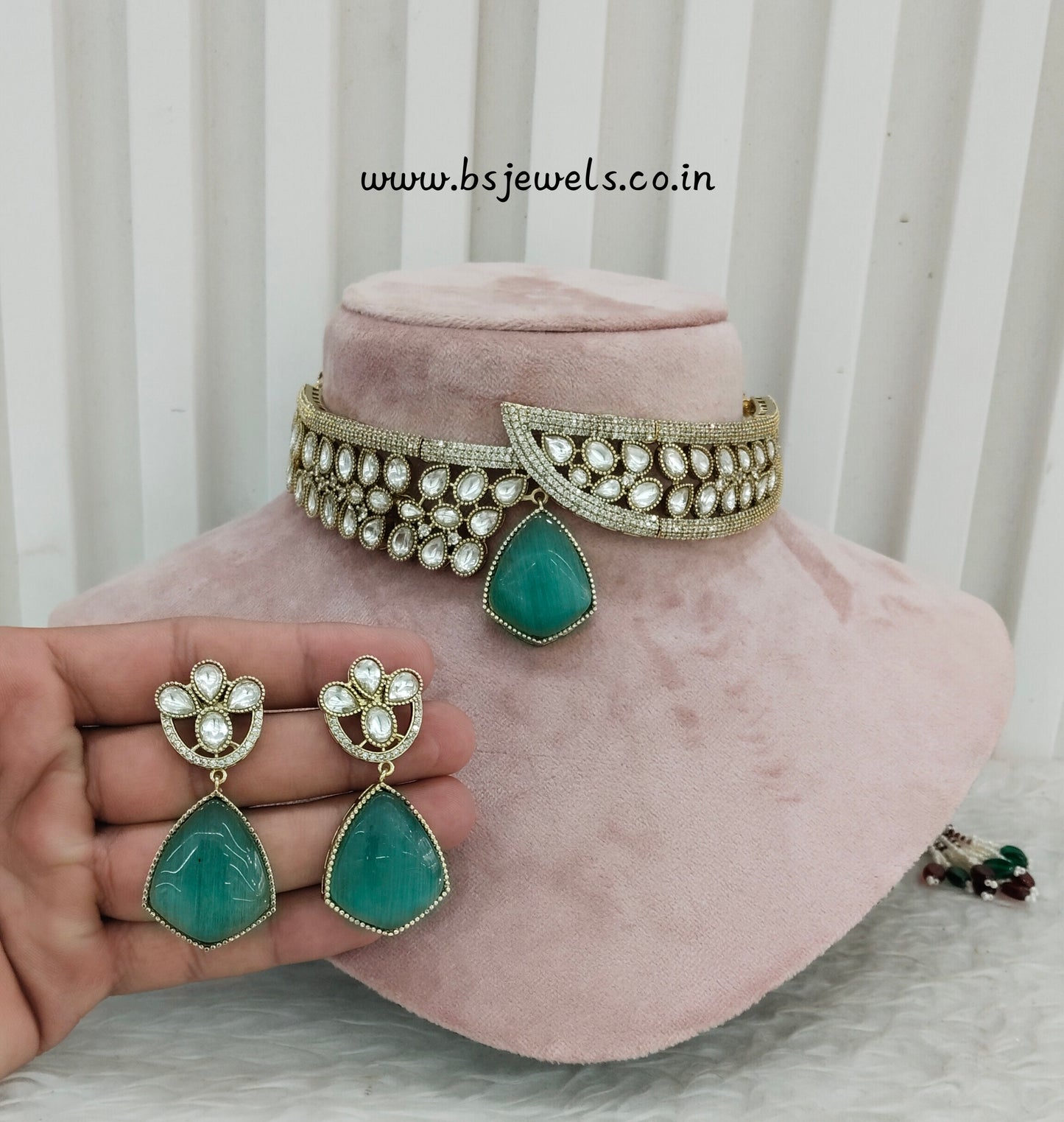 Sage Green Gold Moissanite Kundan Choker Jewellery Dhaliwal Set
