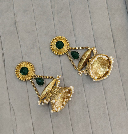 Green Antique Gold Jhumka Bollywood Keshav Earrings