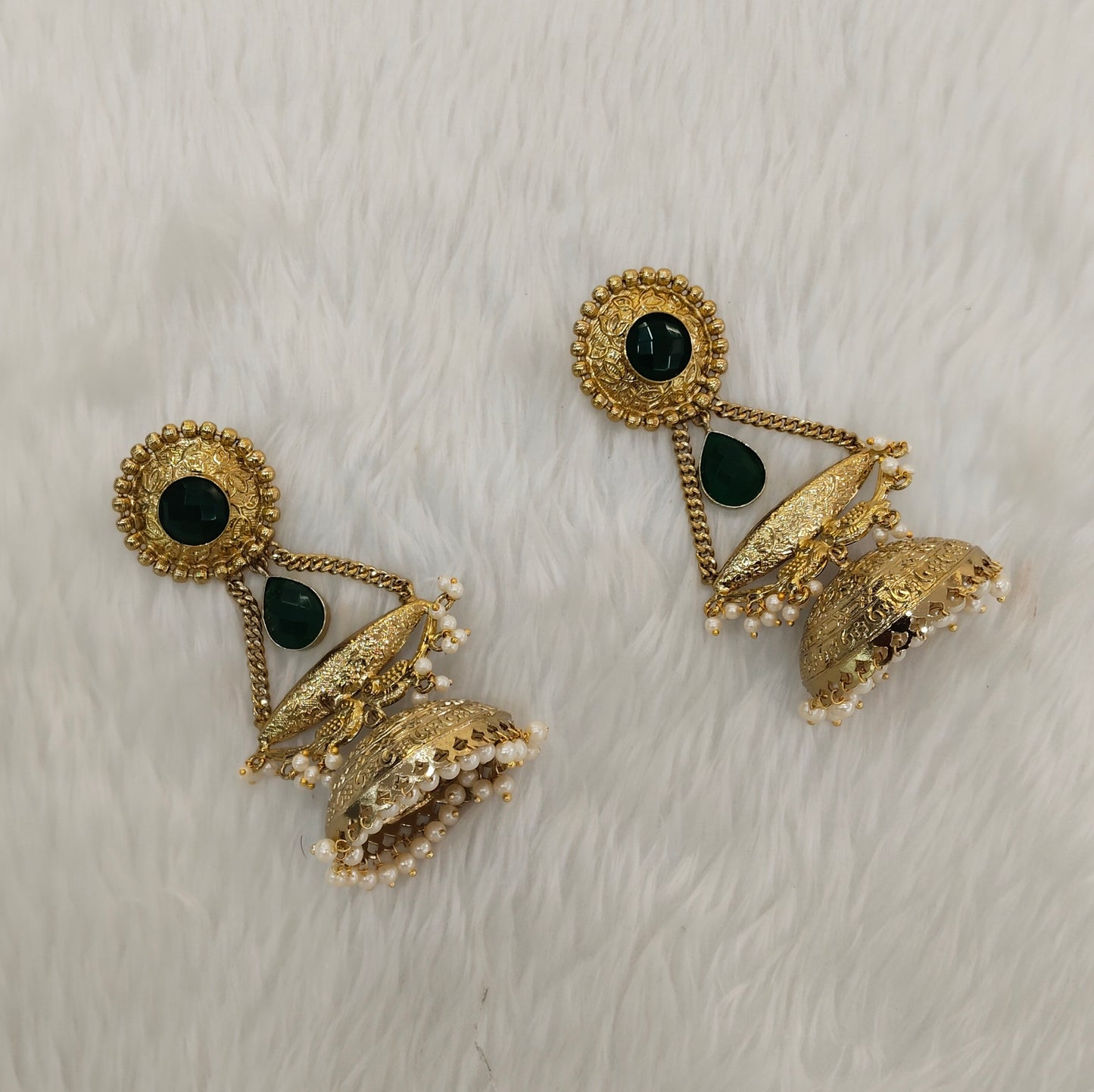 Green Antique Gold Jhumka Bollywood Keshav Earrings