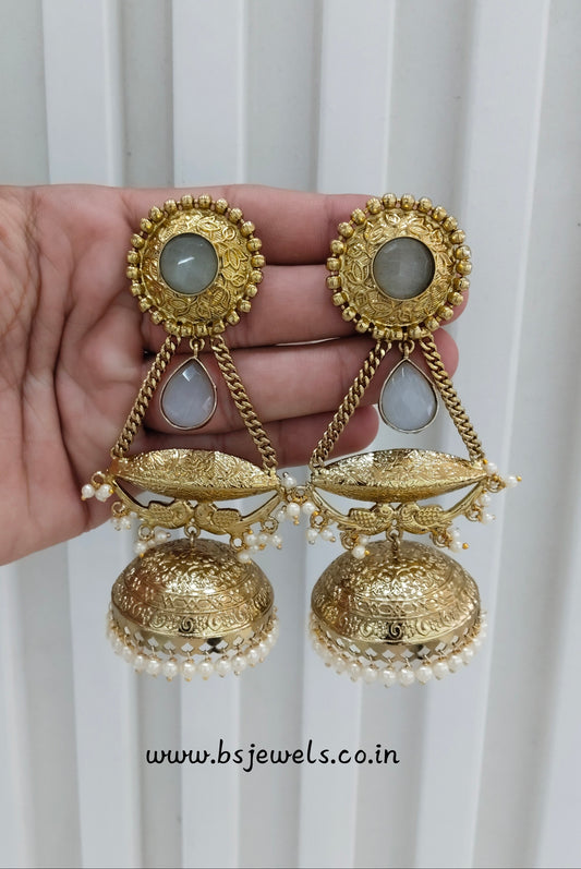 Grey Antique Gold Jhumka Bollywood Keshav Earrings
