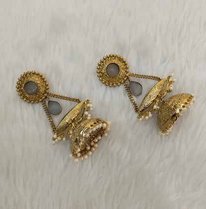 Grey Antique Gold Jhumka Bollywood Keshav Earrings