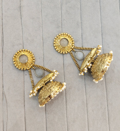 Grey Antique Gold Jhumka Bollywood Keshav Earrings