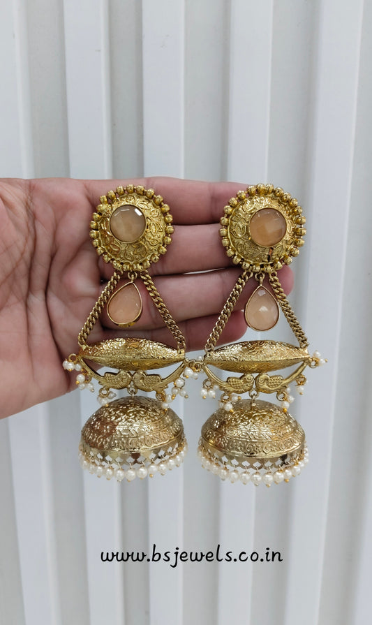 Peach Antique Gold Jhumka Bollywood Keshav Earrings