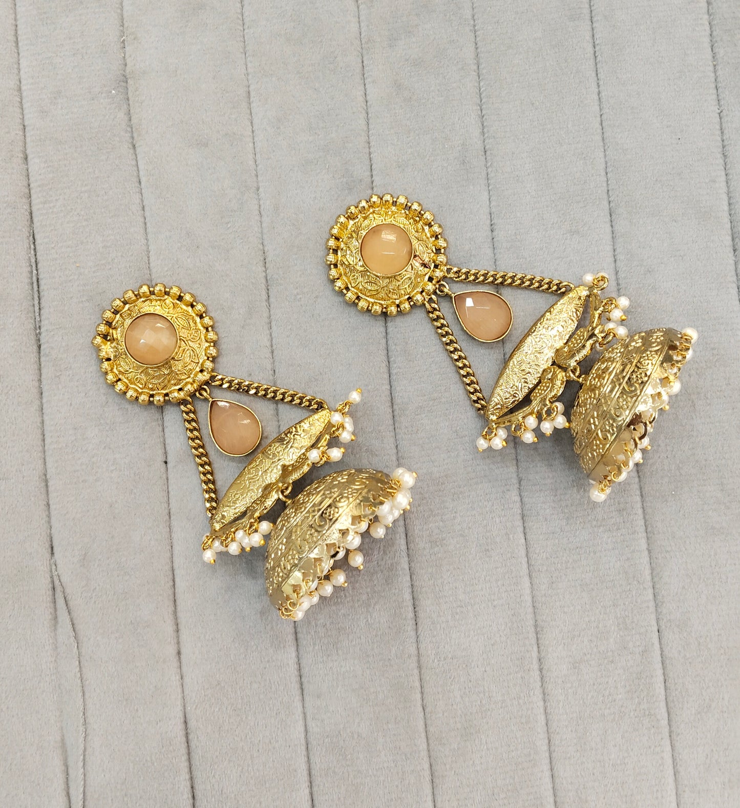 Peach Antique Gold Jhumka Bollywood Keshav Earrings
