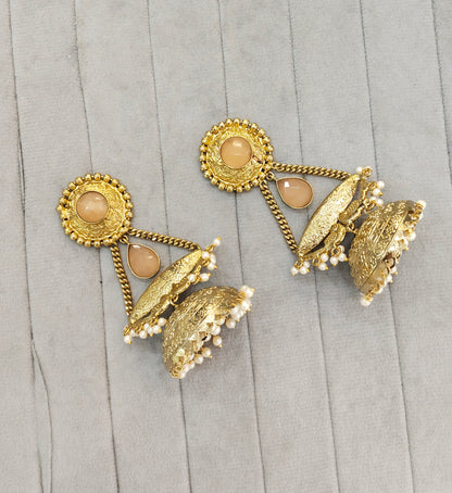 Peach Antique Gold Jhumka Bollywood Keshav Earrings