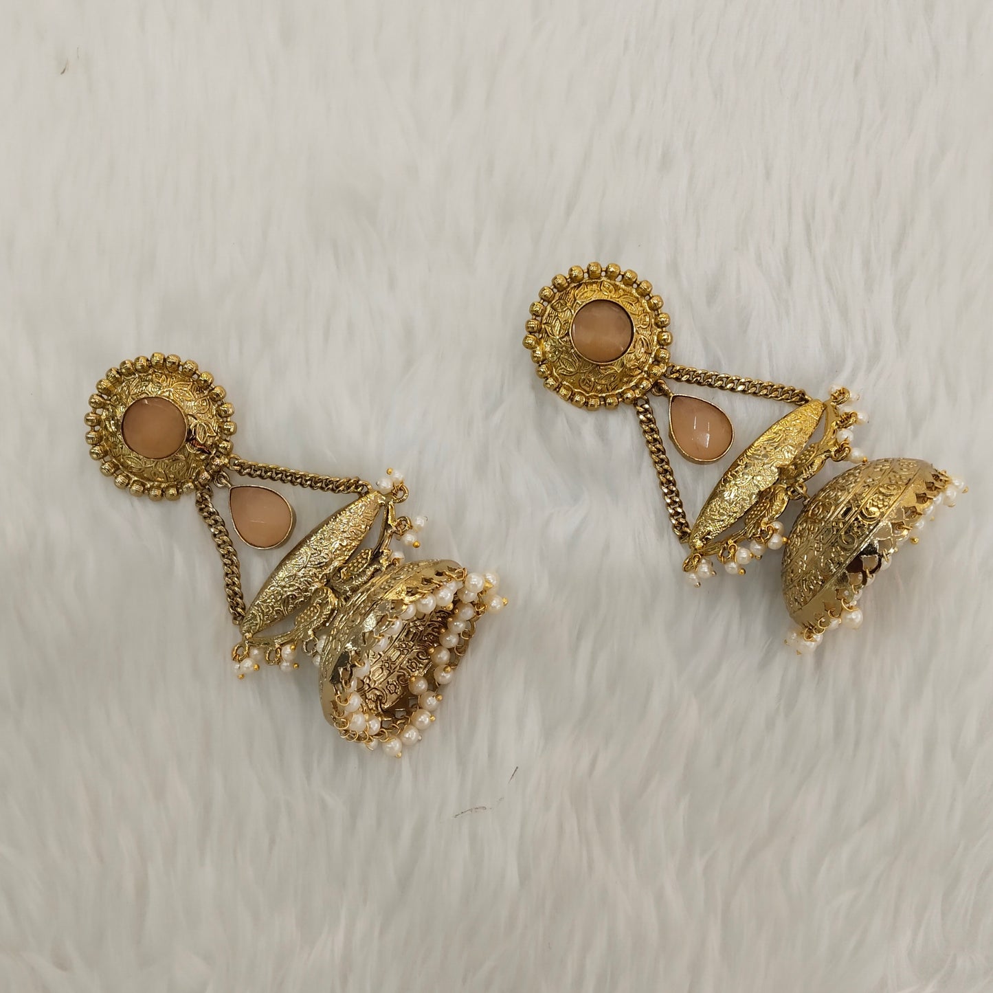 Peach Antique Gold Jhumka Bollywood Keshav Earrings