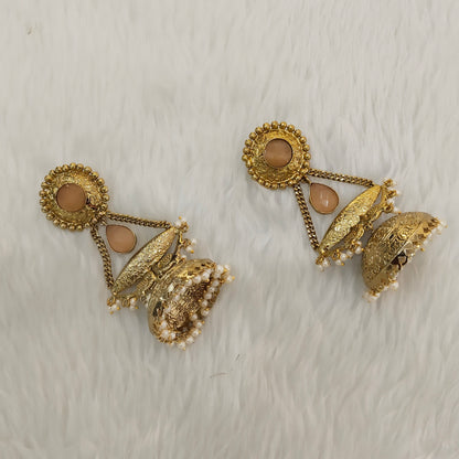 Peach Antique Gold Jhumka Bollywood Keshav Earrings