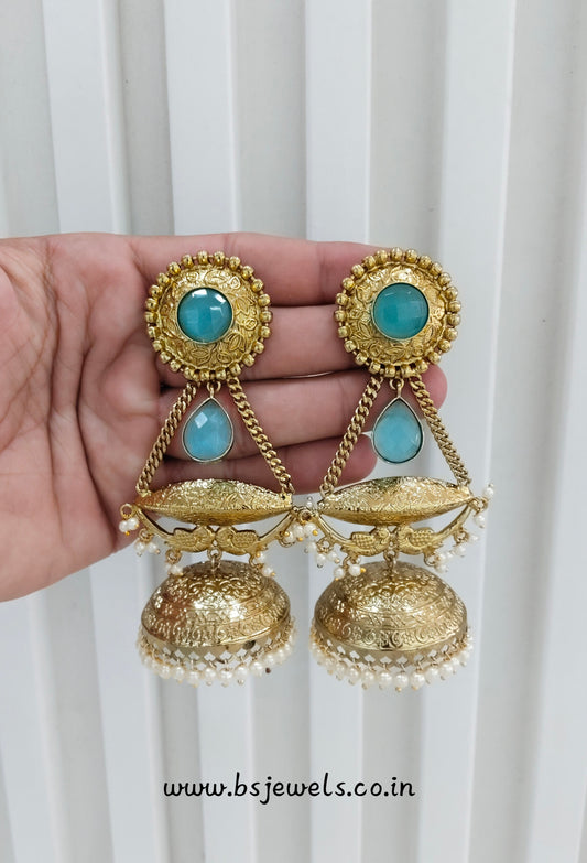 Sky Blue Antique Gold Jhumka Bollywood Keshav Earrings