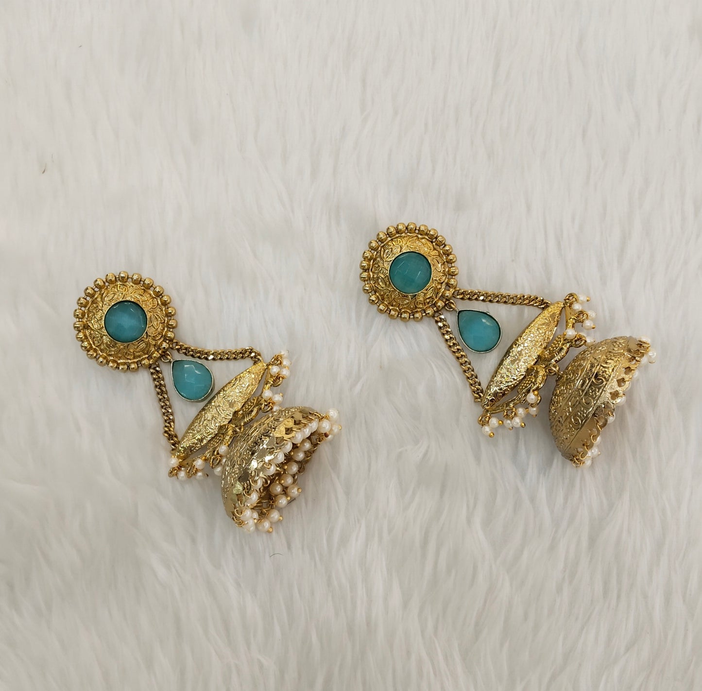Sky Blue Antique Gold Jhumka Bollywood Keshav Earrings