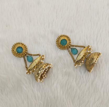 Sky Blue Antique Gold Jhumka Bollywood Keshav Earrings