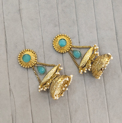Sky Blue Antique Gold Jhumka Bollywood Keshav Earrings