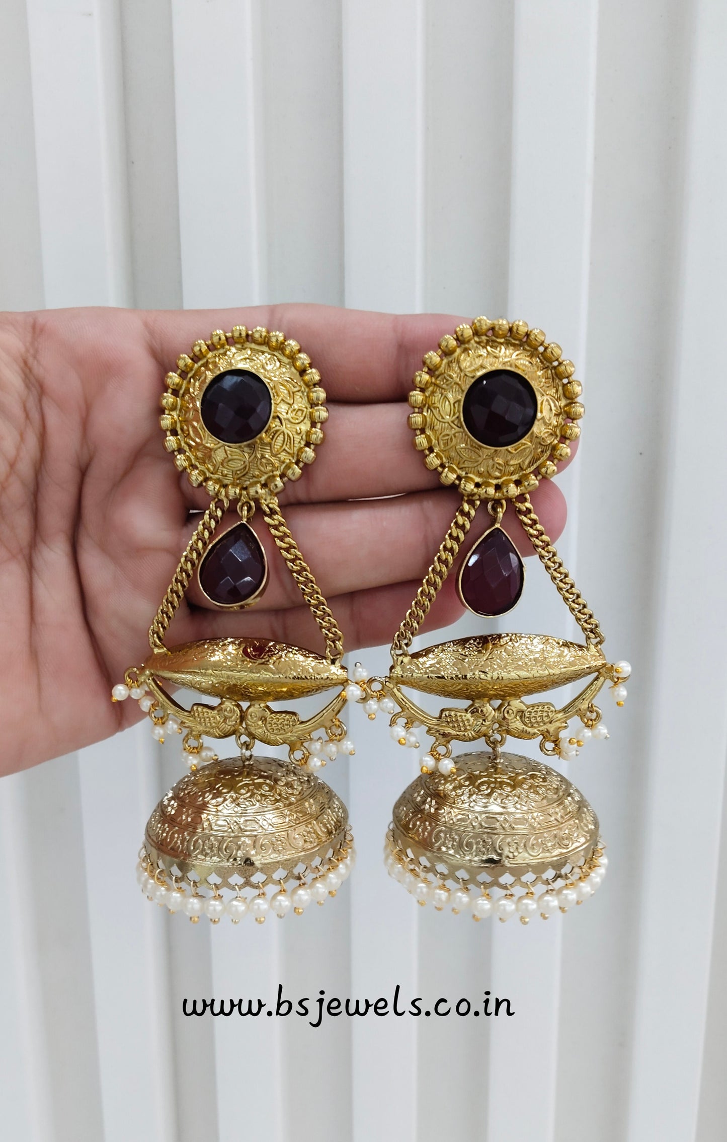 Maroon Antique Gold Jhumka Bollywood Keshav Earrings