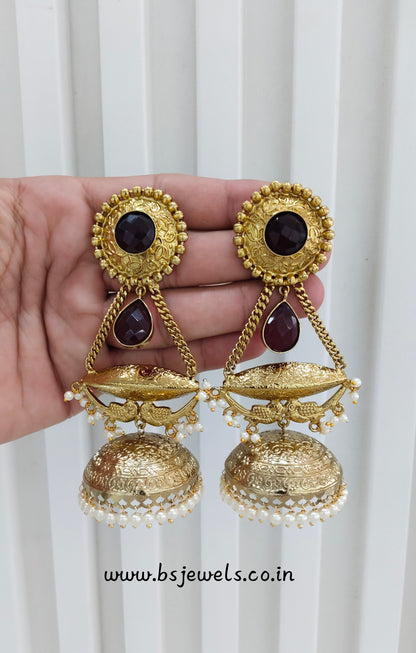 Maroon Antique Gold Jhumka Bollywood Keshav Earrings