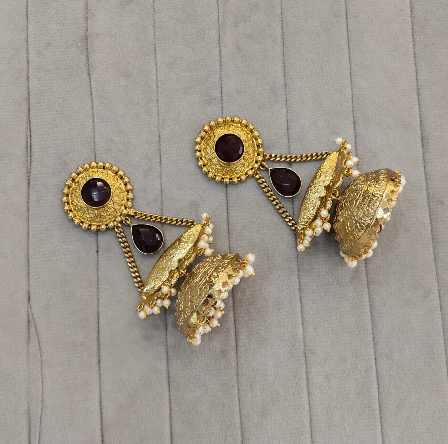 Maroon Antique Gold Jhumka Bollywood Keshav Earrings