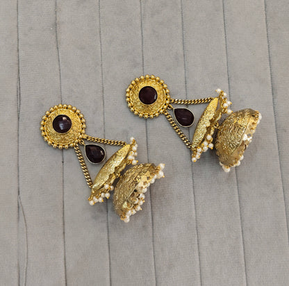 Maroon Antique Gold Jhumka Bollywood Keshav Earrings