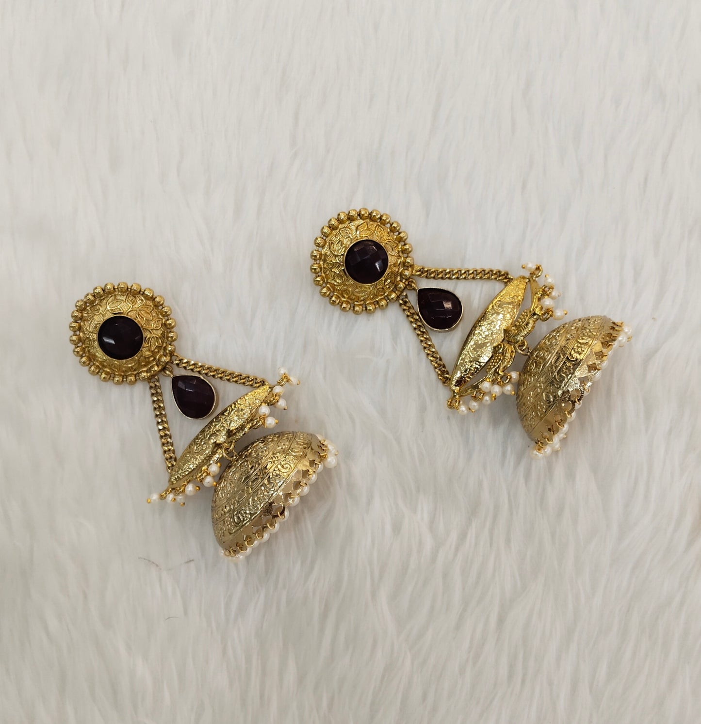 Maroon Antique Gold Jhumka Bollywood Keshav Earrings