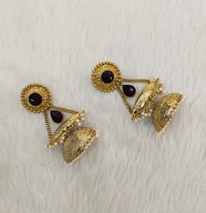Maroon Antique Gold Jhumka Bollywood Keshav Earrings