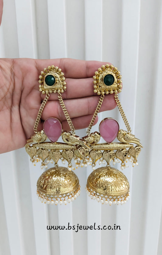 Green Pink Antique Gold Jhumka Bollywood Keshav Earrings