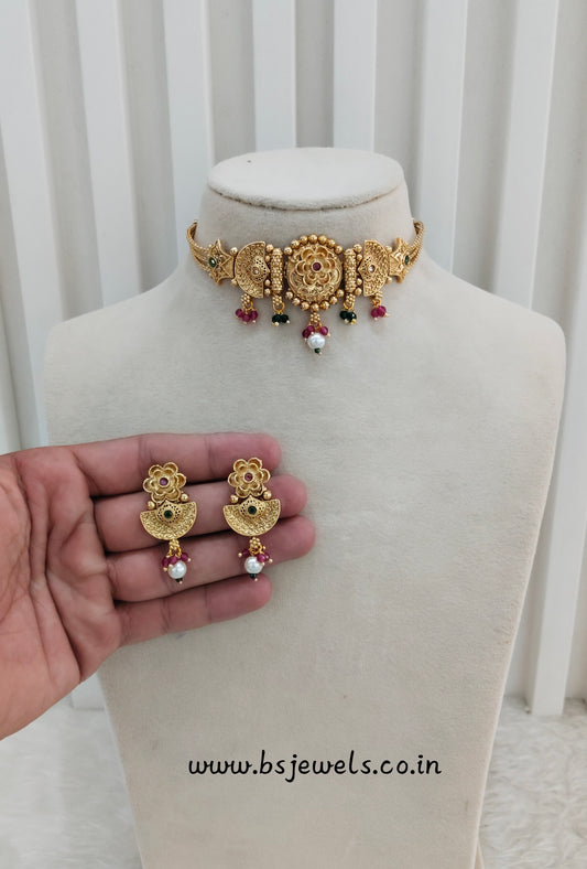 Ruby Green Gold Polki Choker Jewellery Bini Set