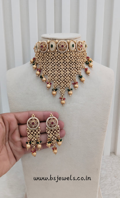 Ruby Green Gold Polki Choker Jewellery Bini Set