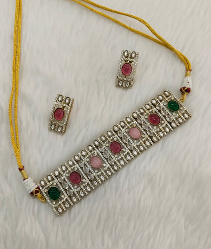 Multi Color Gold Moissanite Kundan Choker Jewellery Striker Set