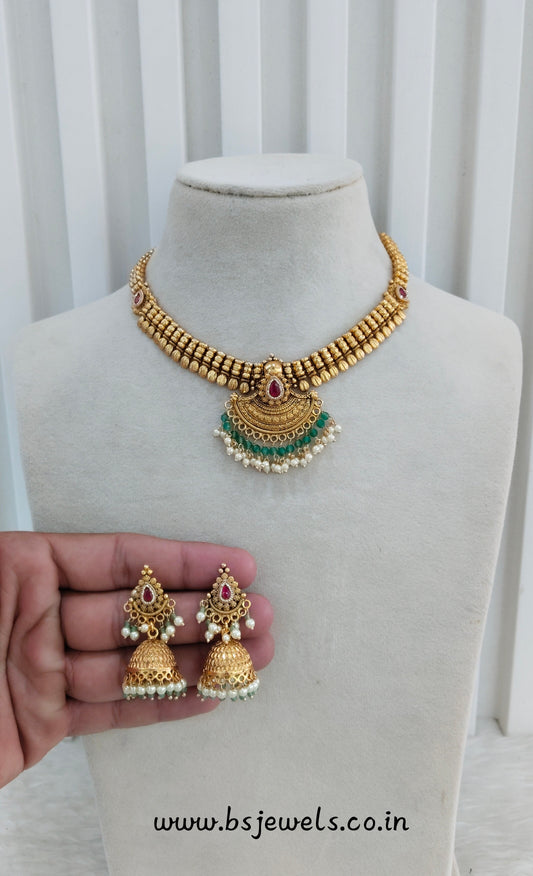 Majenta Sage Green Gold Polki Necklace Jewellery Harf Set