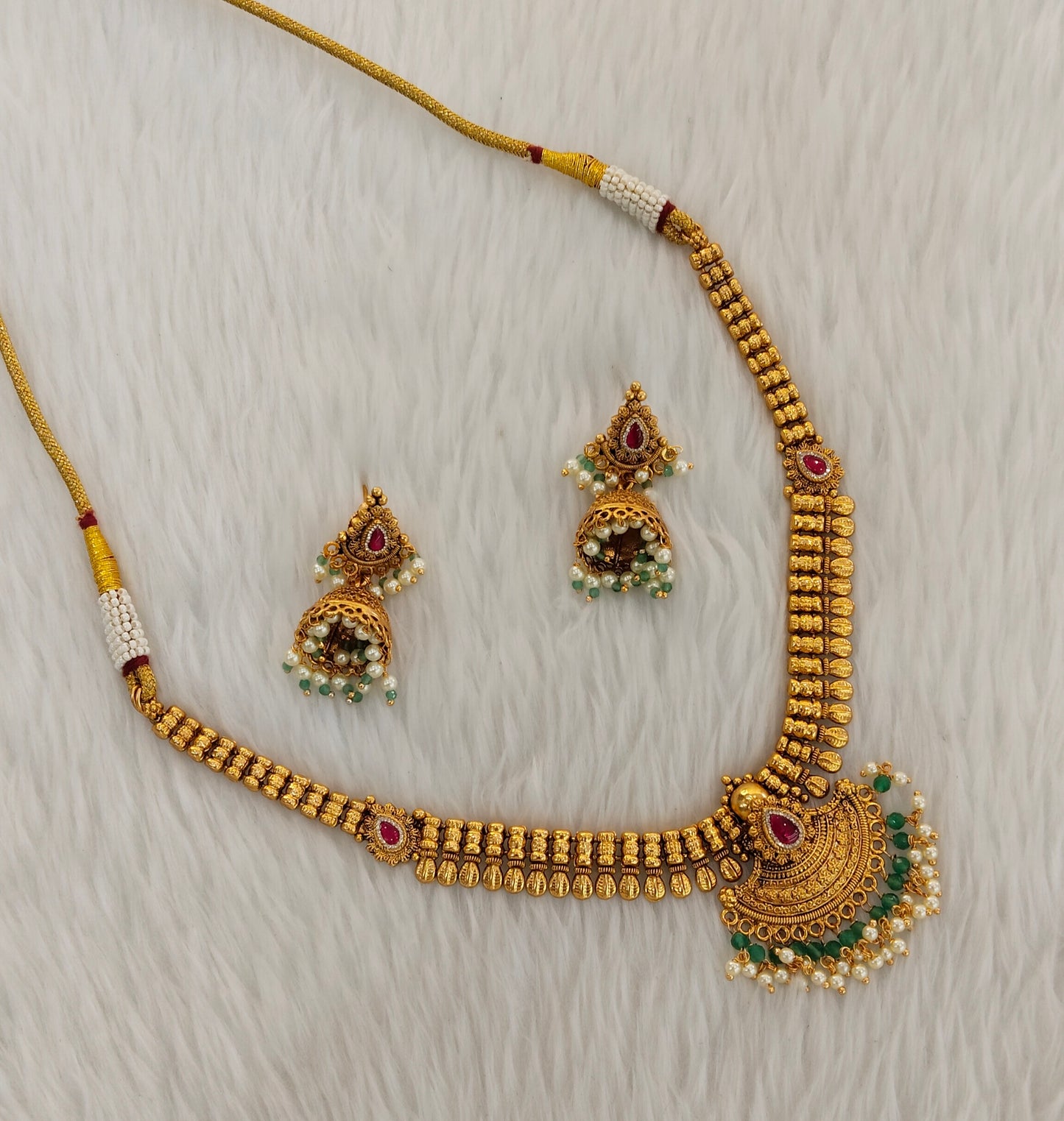 Majenta Sage Green Gold Polki Necklace Jewellery Harf Set