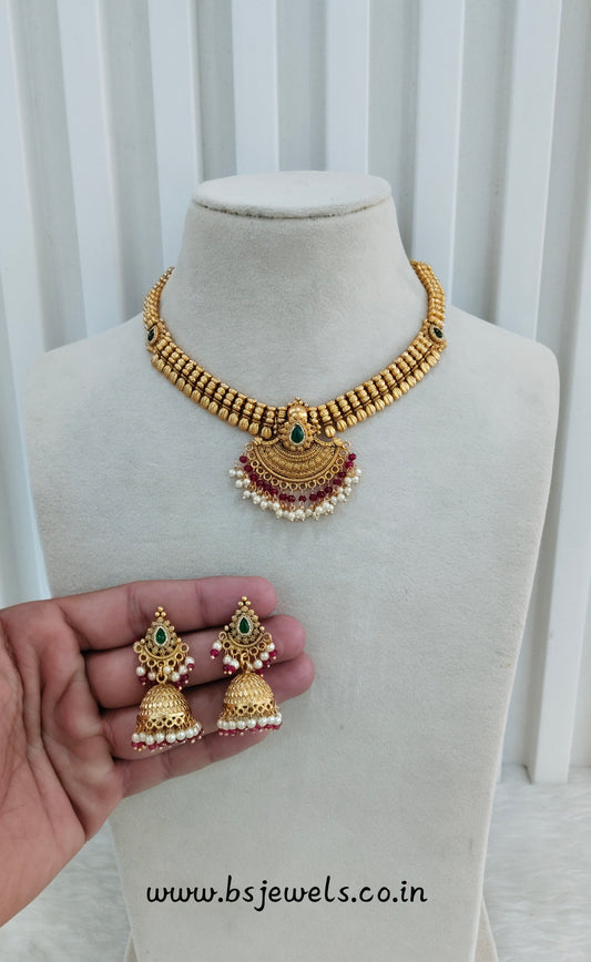 Ruby Green Gold Polki Necklace Jewellery Harf Set