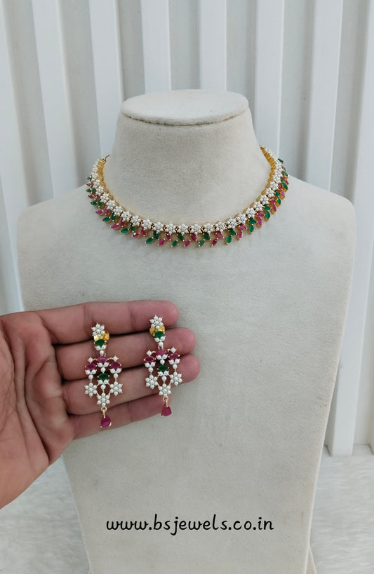 Ruby Green Pearl Necklace Jewellery Spike Set