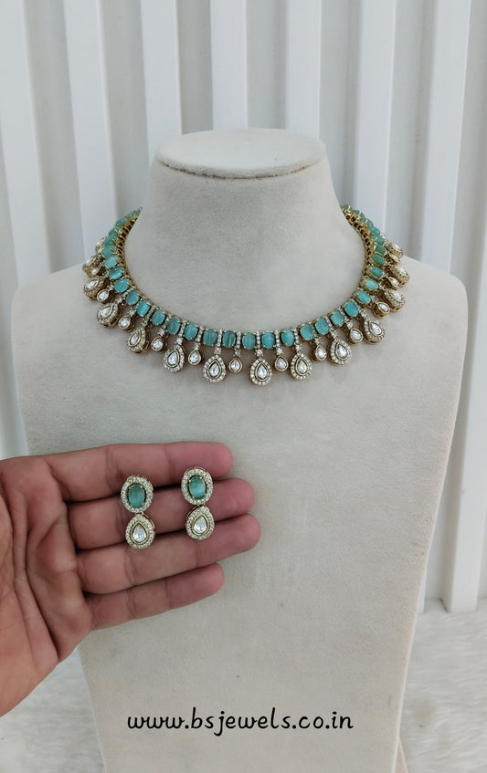 Pista Gold Moissanite Kundan Necklace Jewellery Echer Set