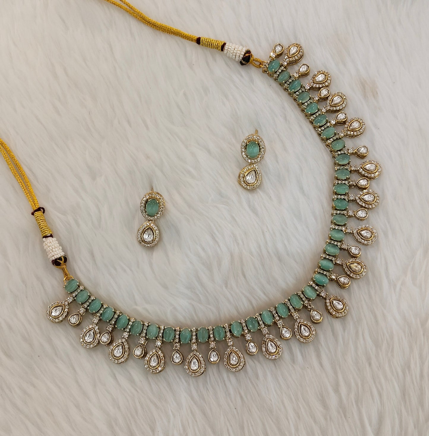 Pista Gold Moissanite Kundan Necklace Jewellery Echer Set