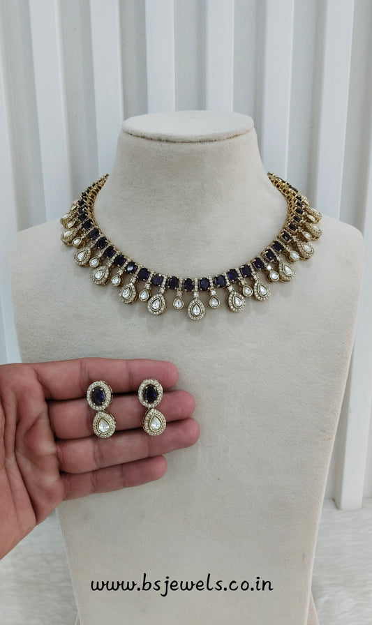 Purple Gold Moissanite Kundan Necklace Jewellery Echer Set