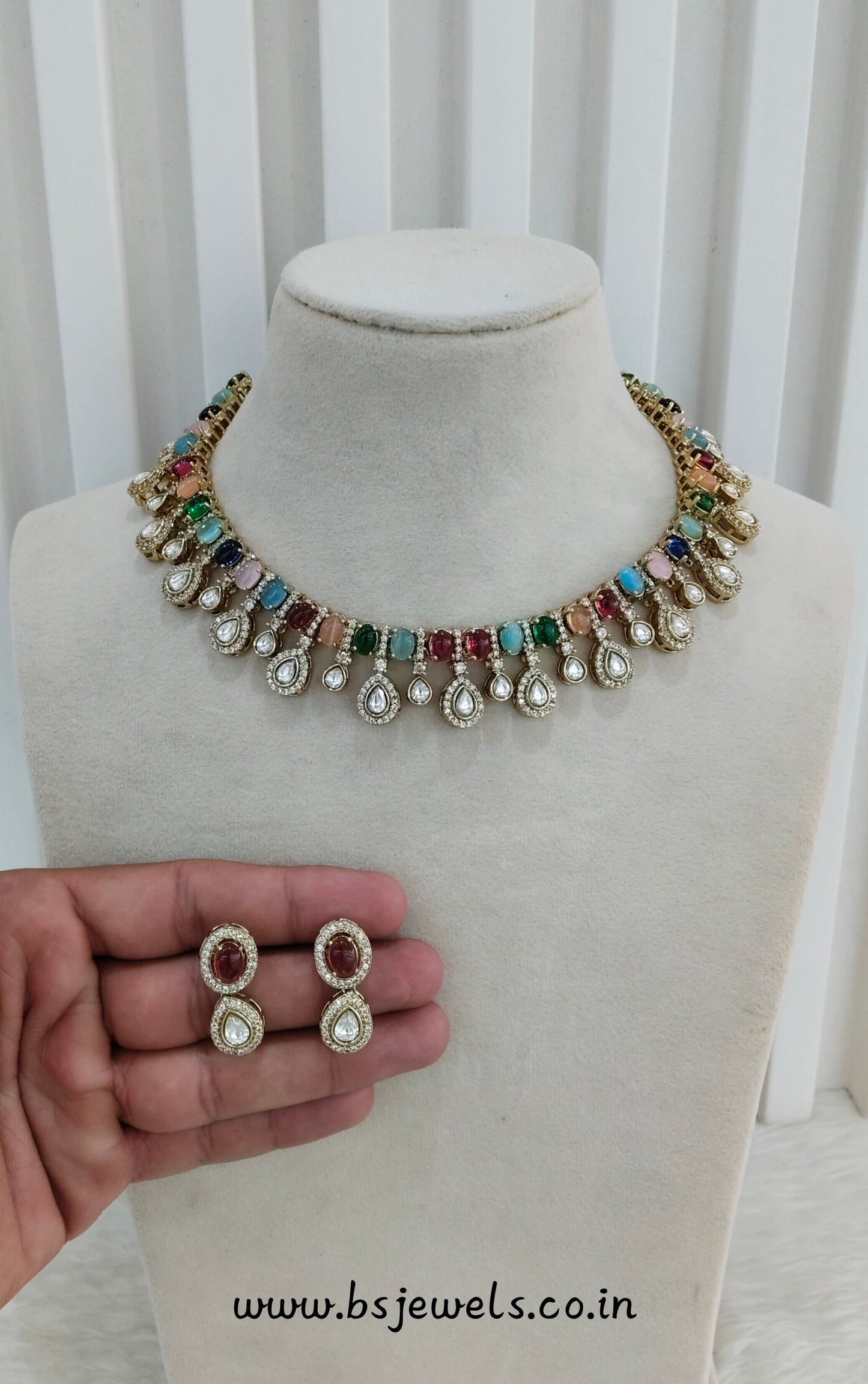 Multi Color Gold Moissanite Kundan Necklace Jewellery Echer Set