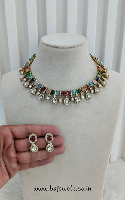 Multi Color Gold Moissanite Kundan Necklace Jewellery Echer Set