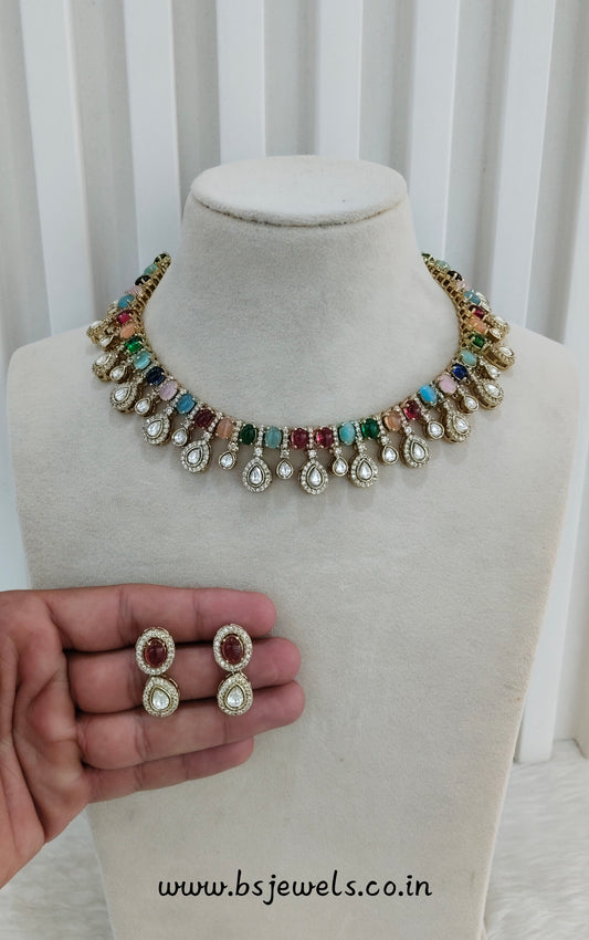 Multi Color Gold Moissanite Kundan Necklace Jewellery Echer Set