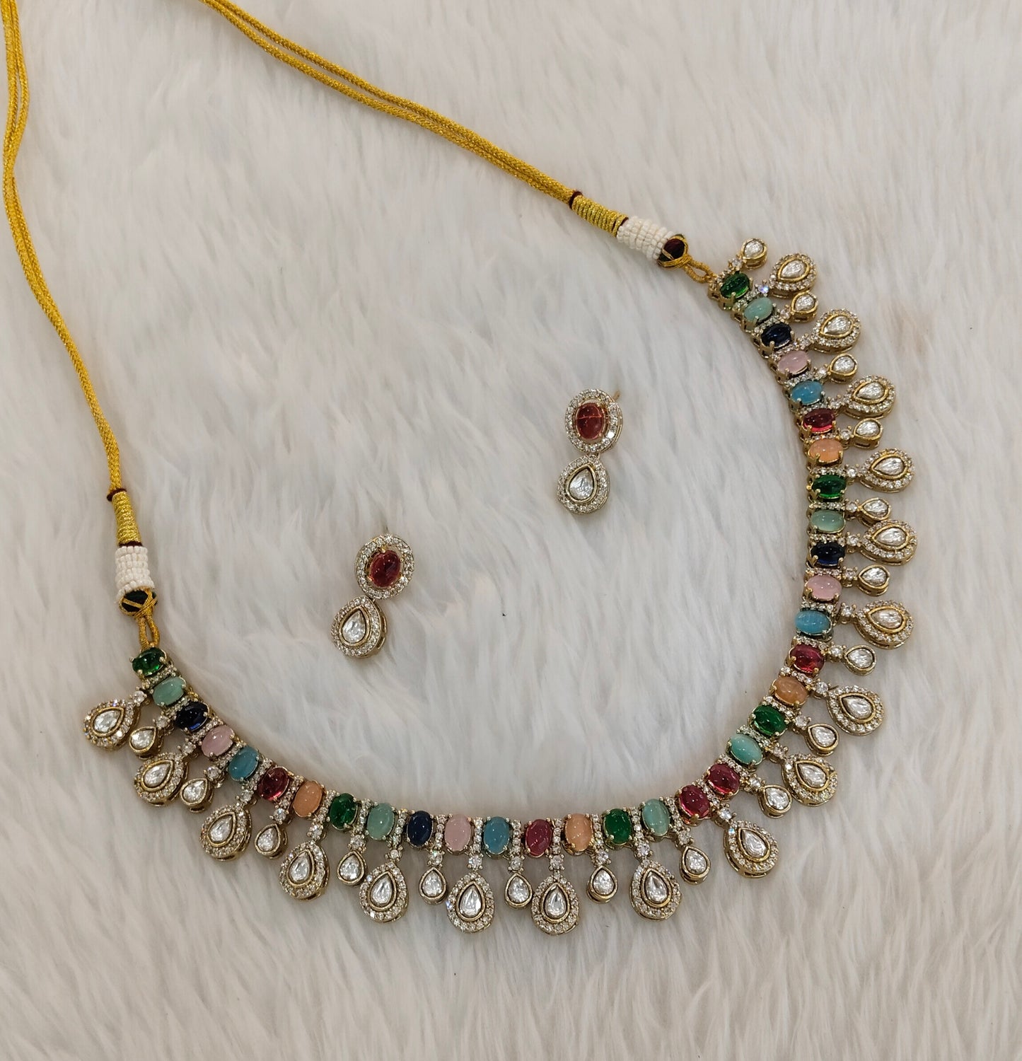 Multi Color Gold Moissanite Kundan Necklace Jewellery Echer Set
