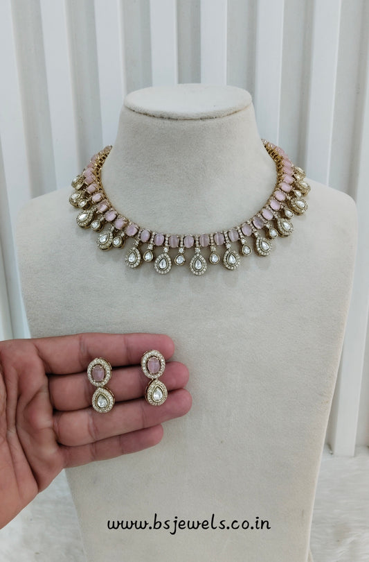 Pink Gold Moissanite Kundan Necklace Jewellery Echer Set