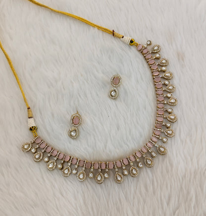 Pink Gold Moissanite Kundan Necklace Jewellery Echer Set