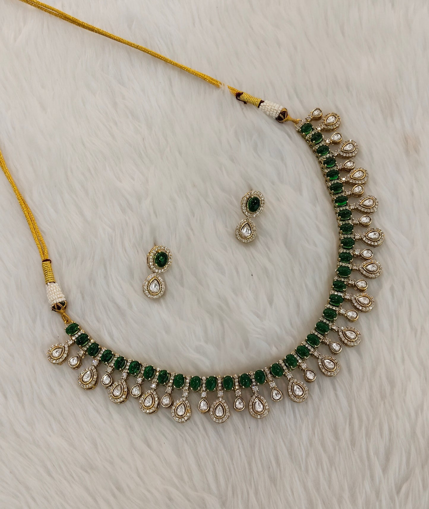 Green Gold Moissanite Kundan Necklace Jewellery Echer Set