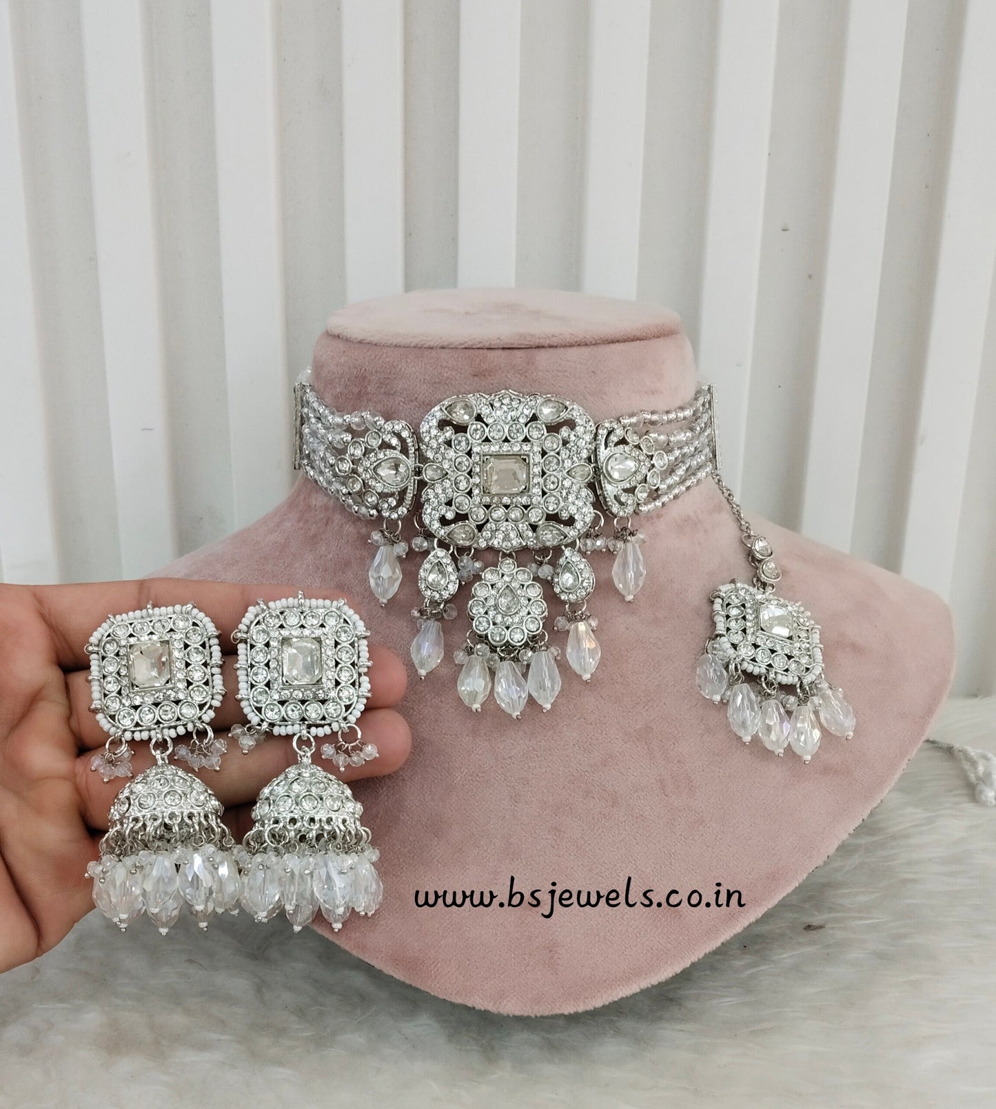 Silver White Choker Jewellery Bruit Set