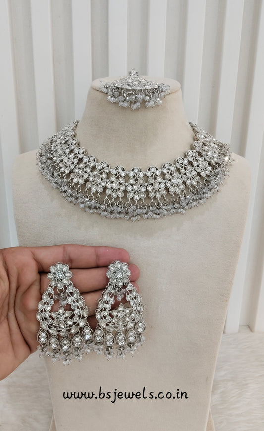 Silver White Necklace Jewellery Bruit Set