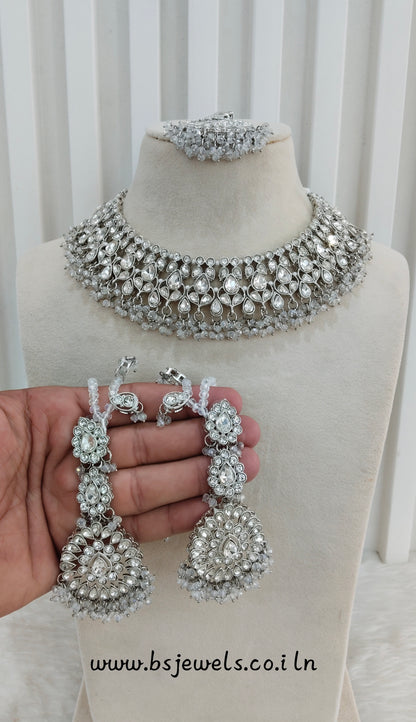 Silver White Necklace Jewellery Bruit Set