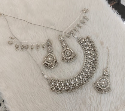 Silver White Necklace Jewellery Bruit Set