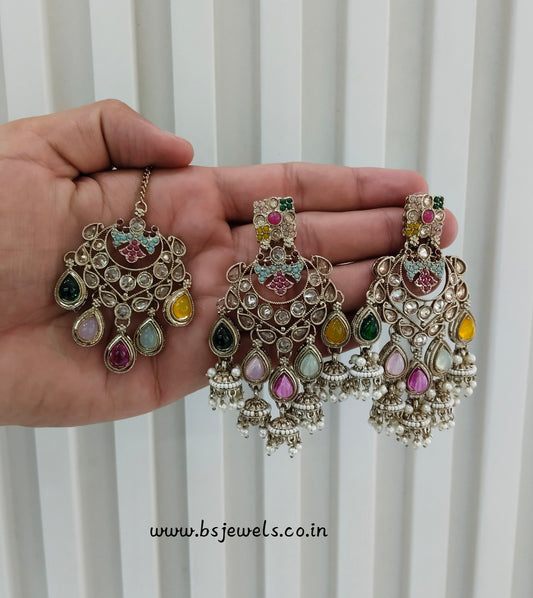 Multi Color Antique Gold Bollywood Earrings Tikka Current Set