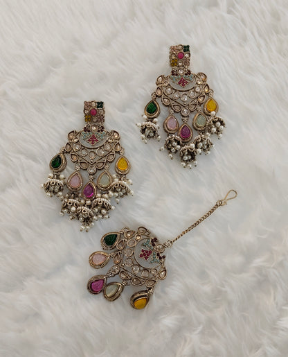 Multi Color Antique Gold Bollywood Earrings Tikka Current Set