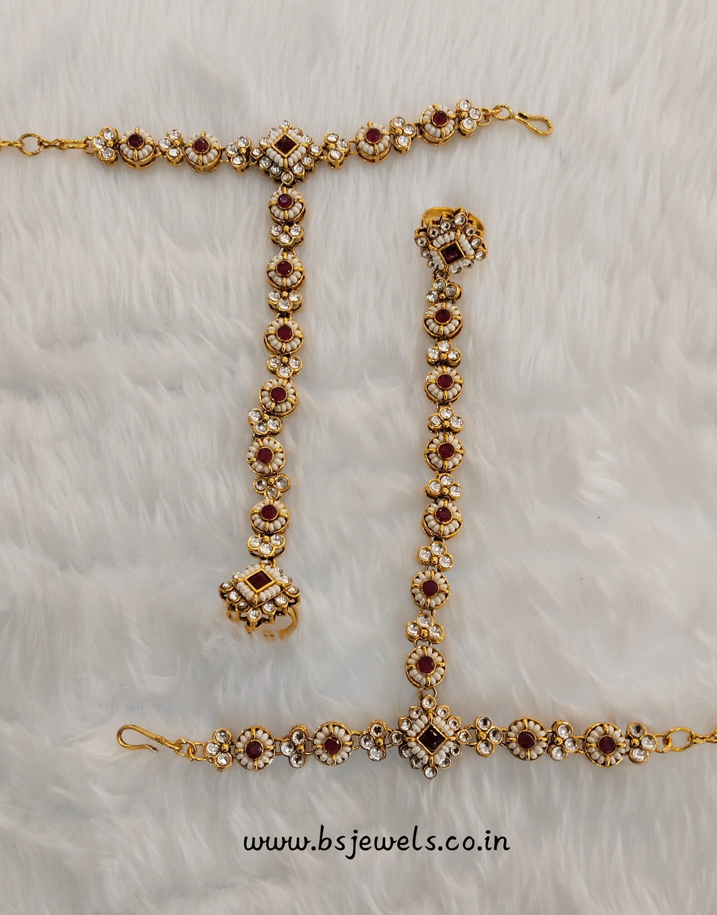 Maroon Hand Bracelets Gold Bridal Pair Finger Ring Panja Jewellery